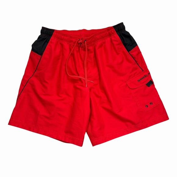 Speedo Men’s Swim Trunks Board Shorts Red Black XL Mesh Liner Pockets Waist Tie - Picture 1 of 12